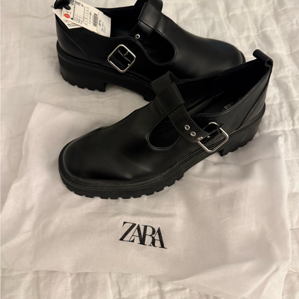ZARA Black Leather Buckle Mary Jane Clog Mules